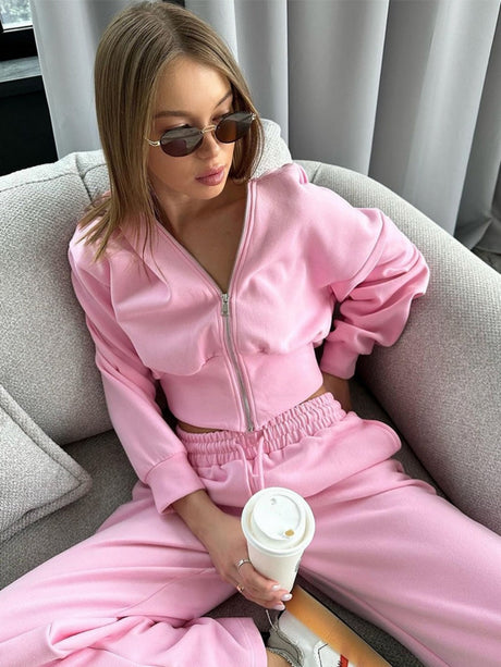 Liber Autumn women's clothing Drawstring Hooded Zippered solid color long-sleeved cardigan two-piece set
