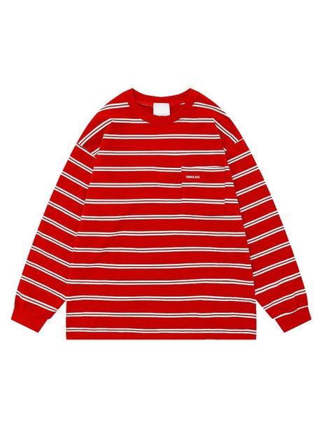 Stripes Color-blocked Embroidery Pocket Loose-fit T-shirts