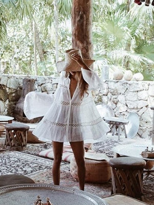 White Cotton Layered Lace-trimmed Shirt-style Flared Sleeve Beach Cover-up, Sun Protection Swimwear Jacket, Women's Cardigan
