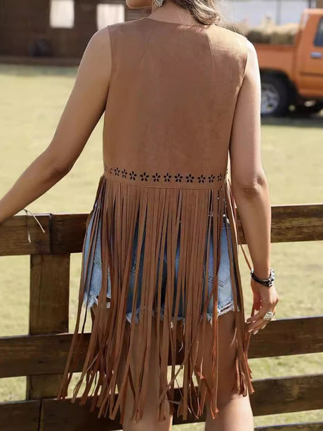 Imitation Suede Tassel Openwork Flowers Sleeveless Vests
