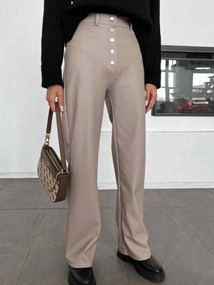 Leather Stitching Buttons High-waisted Straight-leg Pants Pants