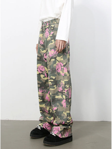 Camouflage Ins Loose-fit Straight-fit Wide-leg Jeans