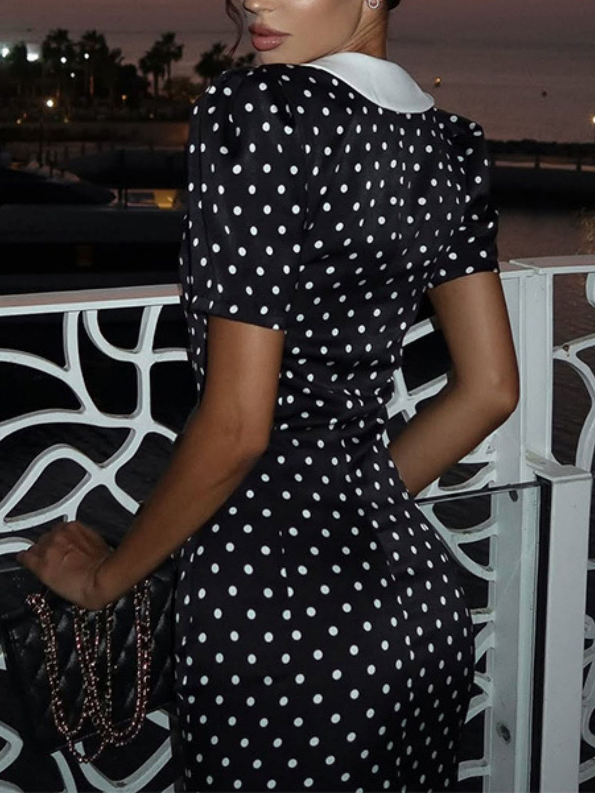 Polka Dots Color-blocked Puff Sleeve Bodycon Slimming Maxi Dresses