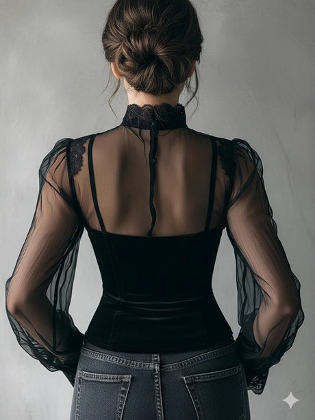 Velvet Ruffle Balloon Sleeve Lace T-shirts