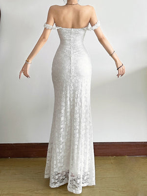 Lace Jacquard Square Neck Suspenders Sweet Pleats Maxi Dresses