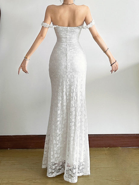 Lace Jacquard Square Neck Suspenders Sweet Pleats Maxi Dresses