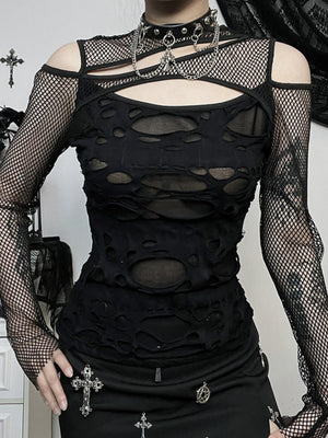 Y2K Hollow Out Off-shoulder Grid Splicing Long-sleeved T-shirt