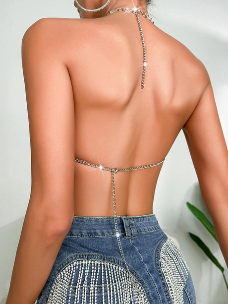 Diamond-studded Openwork Chain Splicing Halter Neck And Backless Tank Tops&Camis