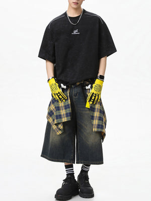 Reflective Strips Letter Applique Loose-fit Distressed T-shirts