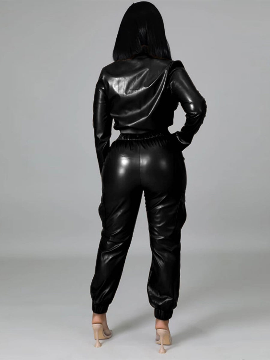 PU Leather Hair Removal Pants Long-sleeved Jacket 2-piece Sets