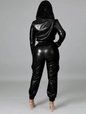 PU Leather Hair Removal Pants Long-sleeved Jacket 2-piece Sets