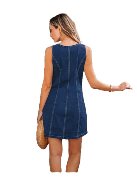 Sleeveless, Fitted Denim Button-down Short Dress With Patch Pockets