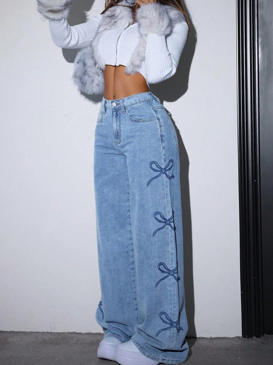 Y2K Spice Girl High Waist Wash Water Bow Straight Jeans