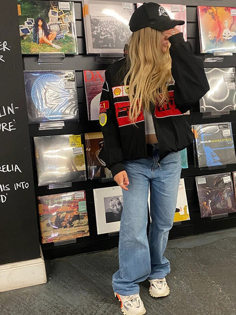 Color-blocked Printed Quilted Long-sleeved Motorcycle Style Jackets