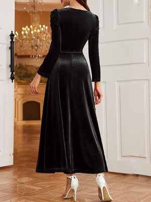 Long Sleeve Square Neck Christmas Black Velvet Formal Evening Midi Dress
