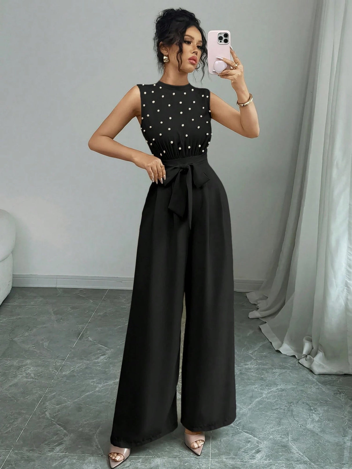Polka Dots Crew Neck Sleeveless Wide-leg Jumpsuits