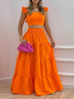 Solid Color Ruffled Trim Two-piece Suspender Skirt Set
