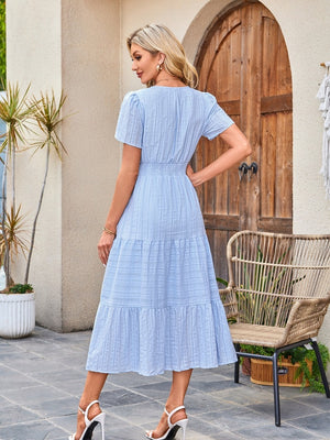 V-neck, Gathered, Puff Sleeve, Full Skirt, Short-sleeved Long Dress
