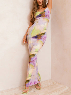 Floral Print Pleats On Suspenders Maxi Dresses