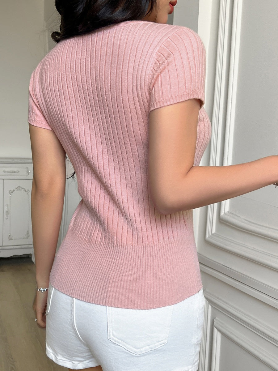 Ribbed U-button Short-sleeved T-shirt