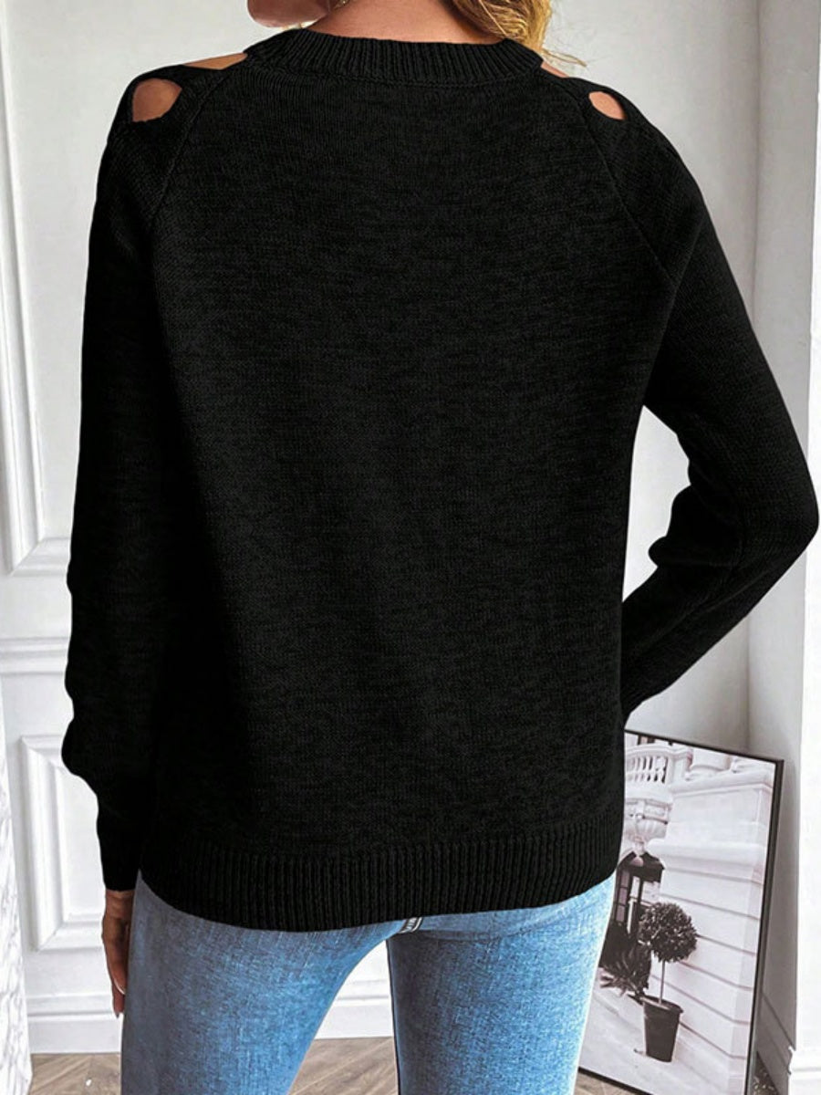 Hollow Fabric Strip Splicing Long Sleeve Crew Neck Pullover Sweater