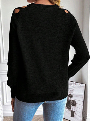 Hollow Fabric Strip Splicing Long Sleeve Crew Neck Pullover Sweater