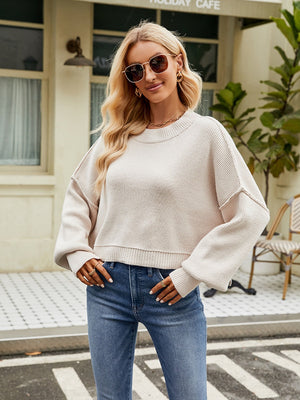 Liber Autumn Women's Crew Neck Raglan sleeves Jacket Short Loose Long sleeve Sweaters
