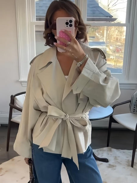 Light khaki Lace up Loose Short Trench Coats
