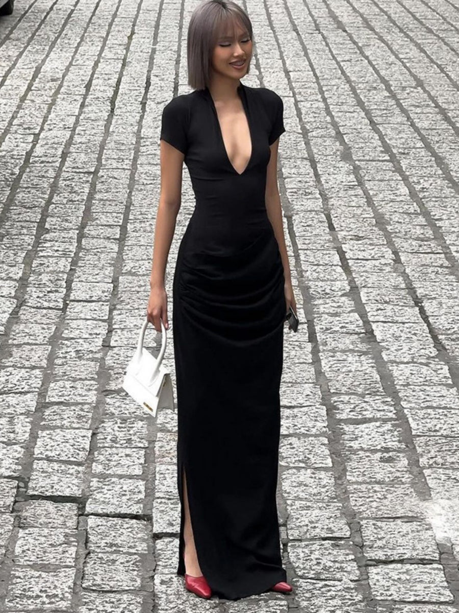 Sexy Deep V Short Sleeve Solid Color Pleated Maxi Dresses