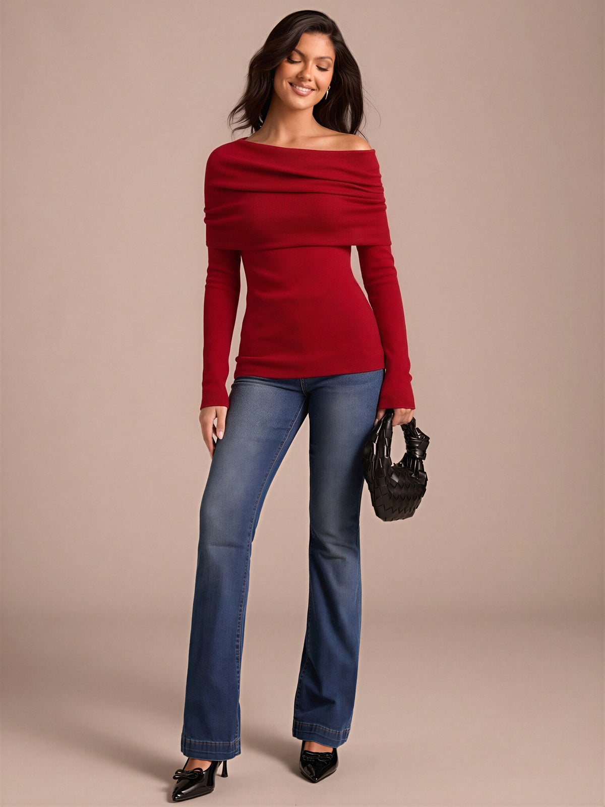 Wool Folded Off-shoulder Long-sleeved Sweater