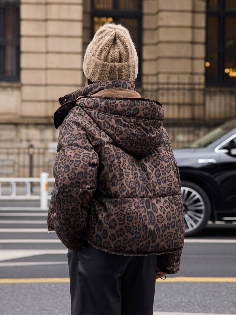 Detachable Pocket Leopard Bread Loose Short Hooded Zippered Cotton Jacket
