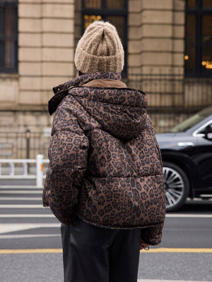Detachable Pocket Leopard Bread Loose Short Hooded Zippered Cotton Jacket