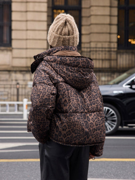 Detachable Pocket Leopard Bread Loose Short Hooded Zippered Cotton Jacket