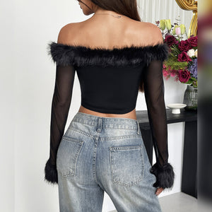Design Sexy Off-shoulder Fur Collar Decoration Button-down Style Fish Bones Waist Long Sleeve Sheer Tops