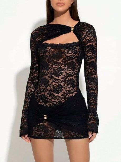 Sexy Hollowed-out Waist-cinching Lace Long-sleeved Short Dress