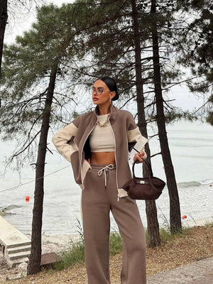 Jackets Casual Trousers Set Retro Contrasting Colors Long Sleeve Zipper Coat Two-piece Trouser Set