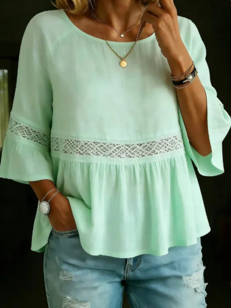 Lace Patchwork Cotton And Linen Round Neck, Three-quarter Sleeves T-shirts