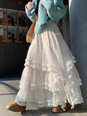 Floral Mesh Wood Ear Edge Splicing Sweet Cake Skirt