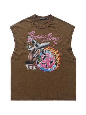 Retro Washing Water Printed Tank Tops