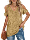 Sequins V-neck Off-shoulder Short-sleeved T-shirt