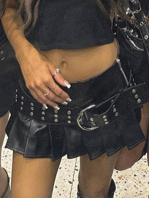PU Leather Riveted And Stitched Belt With Slits And Pleats Skirts