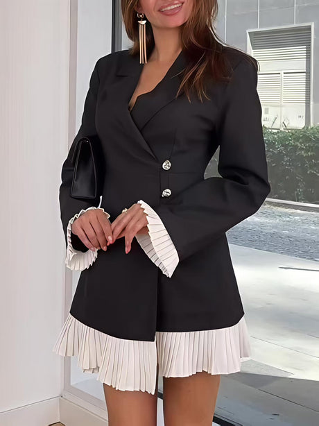 Long-sleeved Color-blocked Pleated Hem Blazers