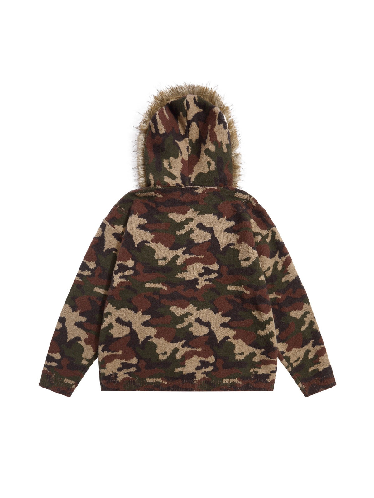 Retro Fur Collar Camouflage Letter Embroidery Hooded Knitwear