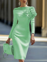 Round Neck, Solid Color, Slim Fit, Mid-length Dress With Side 3D Floral Embellishments