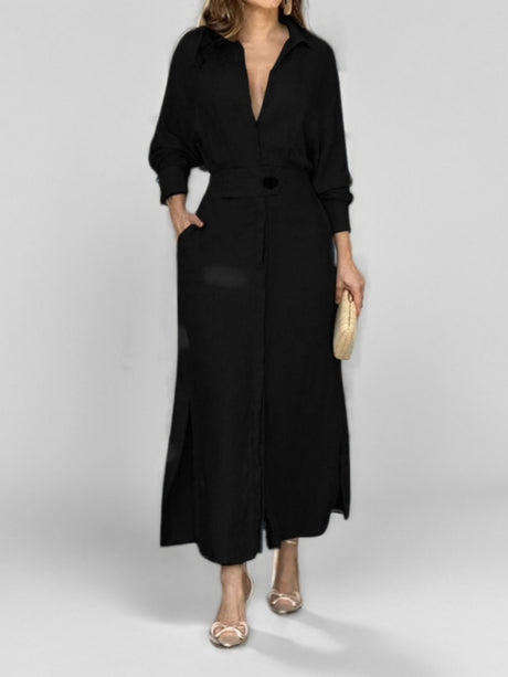 Lapel-front, Fitted Waist, Belted Solid Color Cardigan Long Dress