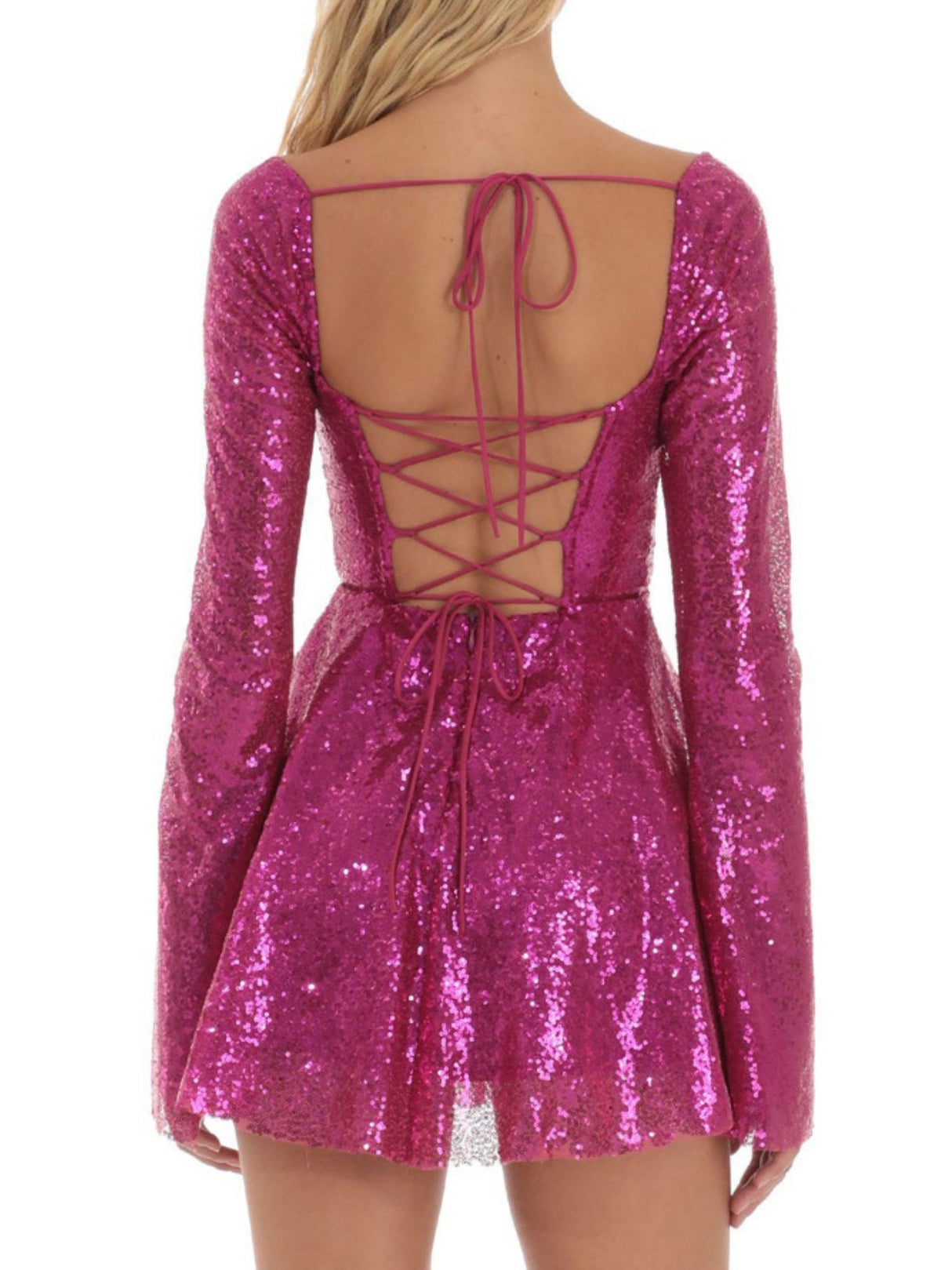 Sequins Bow Tie Long-sleeved Backless Mini&Short Dresses