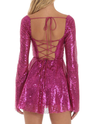 Sequins Bow Tie Long-sleeved Backless Mini&Short Dresses