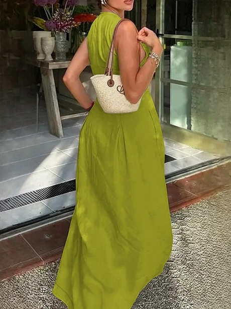 High-waisted Solid Color Sleeveless Zipper Long Dress