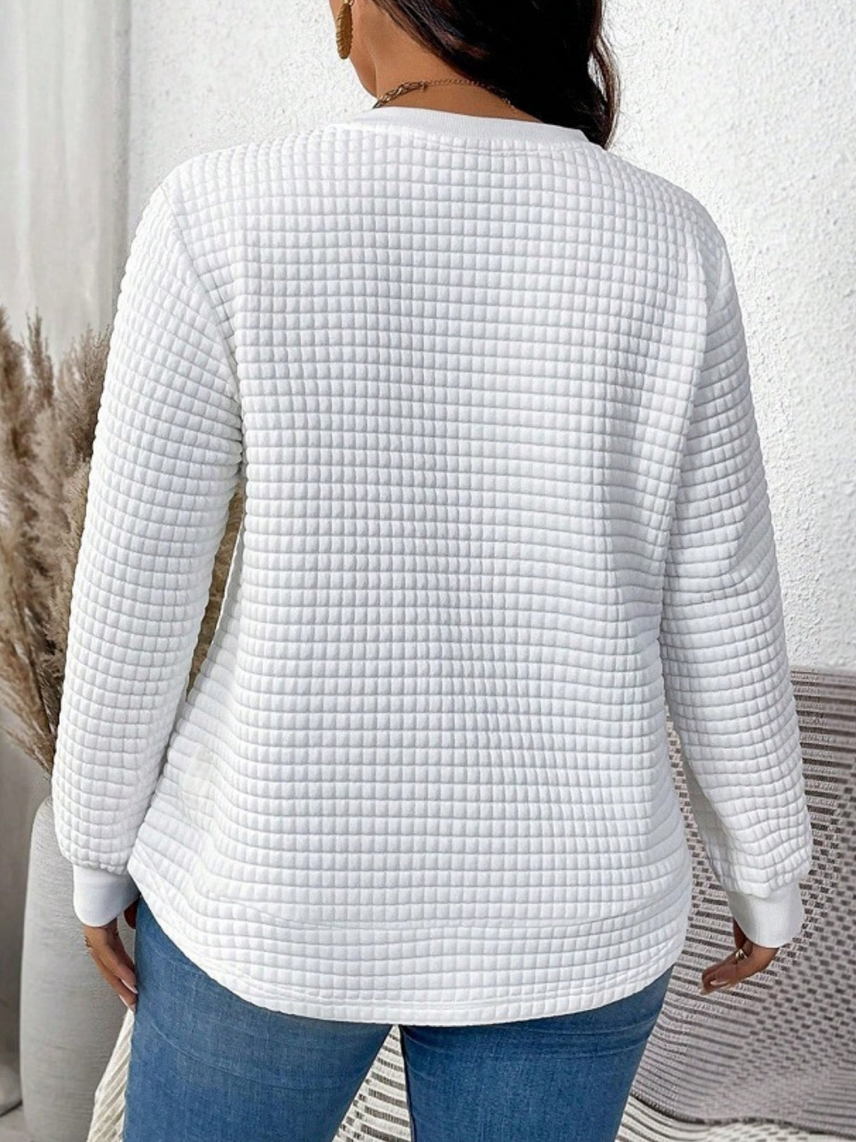 Waffle Round Neck Long Sleeve Sweatshirts&Hoodies