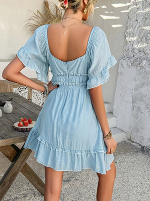Square Neckline Ruffled Short-sleeved Long Dress